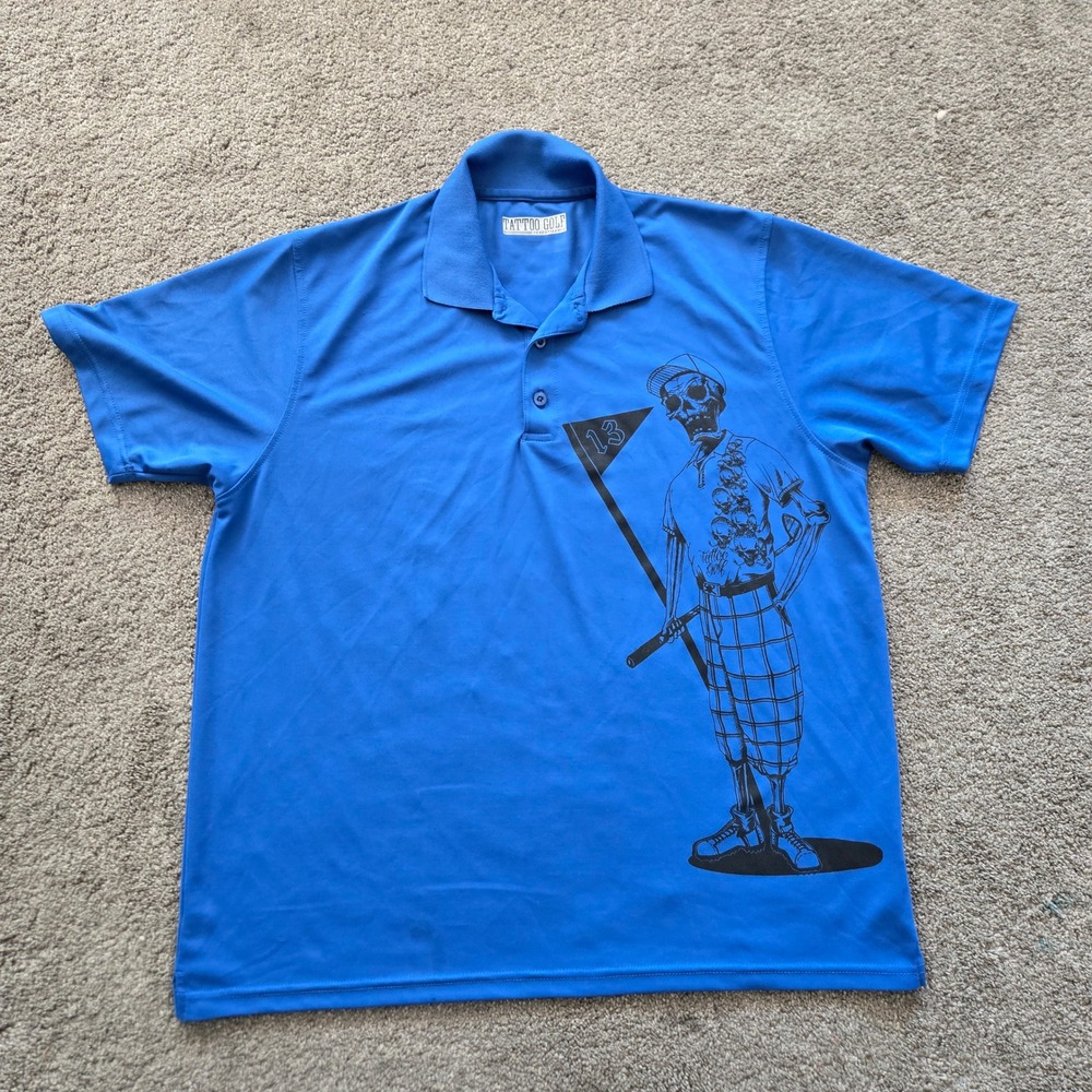 Tattoo Golf Performance Polo Shirt Mens Skeleton Graphic Golfing‎ Blue
